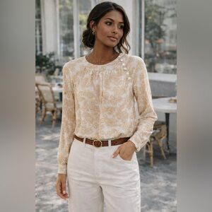 LOFT Beige Ivory Floral Long Sleeve Blouse Side Button Neck Lightweight Top